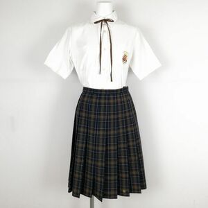 1円 ブラウス チェックスカート 紐タイ 上下3点セット M 夏物 女子 学生服 神奈川横浜雙葉学園中学高校 白 制服 中古 ランクC NA0928