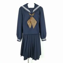 1円 セーラー服 スカート スカーフ 上下3点セット 大きいサイズ 特大 冬物 白3本線 女子 学生服 中学 高校 紺 制服 中古 ランクC NA0945_画像1