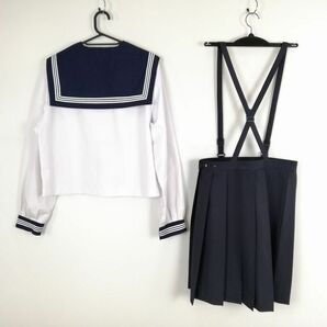 1円 セーラー服 スカート スカーフ 上下3点セット 180B 大きいサイズ 特大 トンボ 中間服 白3本線 女子 中学 高校 白 中古 ランクC NA1093の画像2