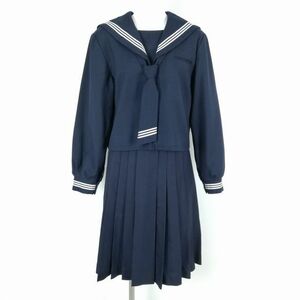 1円 セーラー服 スカート ネクタイ 上下3点セット 170A 大きいサイズ 冬物 白3本線 女子 学生服 千葉白山中学 紺 制服 中古 ランクB NA0990