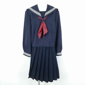 1円 セーラー服 スカート スカーフ 上下3点セット 大きいサイズ 特大 カンコー 冬物 白3本線 女子 中学 高校 紺 中古 ランクC NA1038