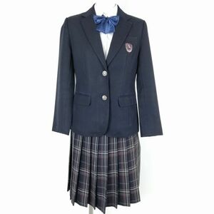 1円 ブレザー チェックスカート リボン 上下4点セット 冬物 女子 学生服 石川金沢高校 紺 制服 中古 ランクC NA0992