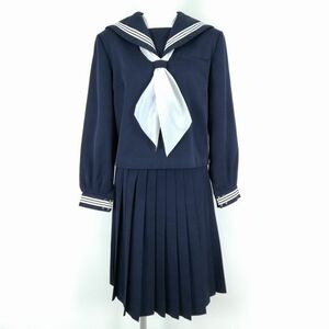 1円 セーラー服 スカート スカーフ 上下3点セット 大きいサイズ トンボ 冬物 白3本線 女子 学生服 中学 高校 紺 制服 中古 ランクC NA0368