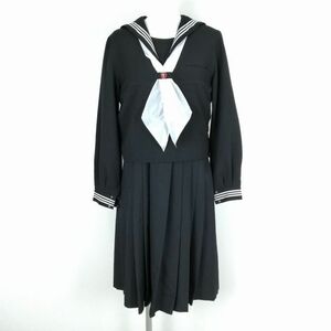 1円 セーラー服 ジャンパースカート スカーフ 上下3点セット 冬物 白3本線 女子 学生服 東京富士見中学 黒 制服 中古 ランクC NA0910