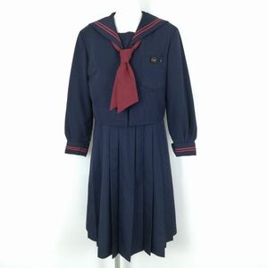 1円 セーラー服 ジャンパースカート ネクタイ 上下3点セット 冬物 赤2本線 女子 学生服 山梨石和中学 紺 制服 中古 ランクC NA0849