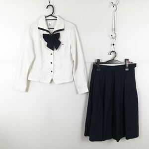 1円 ブラウス スカート リボン 上下3点セット M 富士ヨット 中間服 女子 学生服 山口高森高校 白 制服 中古 ランクC EY3209