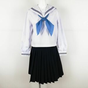 1円 セーラー服 スカート スカーフ 上下3点セット 大きいサイズ 中間服 青3本線 女子 学生服 中学 高校 白 制服 中古 ランクC NA0422