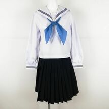 1円 セーラー服 スカート スカーフ 上下3点セット 大きいサイズ 中間服 青3本線 女子 学生服 中学 高校 白 制服 中古 ランクC NA0422_画像1