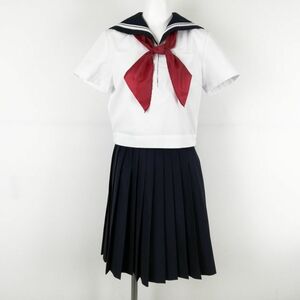 1円 セーラー服 スカート スカーフ 上下3点セット 夏物 白2本線 女子 学生服 中学 高校 白 制服 中古 ランクC NA0098