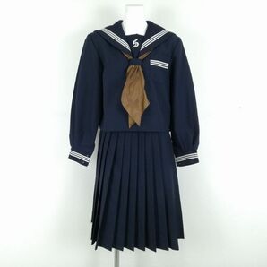 1円 セーラー服 スカート スカーフ 上下3点セット 冬物 白3本線 女子 学生服 兵庫飾磨中部中学 紺 制服 中古 ランクC NA0726の画像1