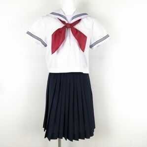 1円 セーラー服 スカート スカーフ 上下3点セット 夏物 青3本線 女子 学生服 中学 高校 白 制服 中古 ランクC NA0304の画像1