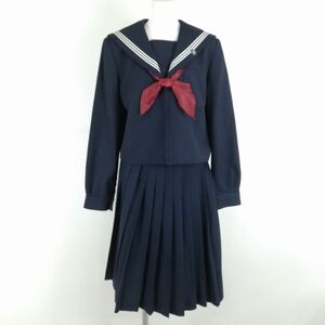 1円 セーラー服 スカート スカーフ 上下3点セット 指定 170A ELLE 冬物 白3本線 女子 学生服 中学 高校 紺 制服 中古 ランクC NA0514