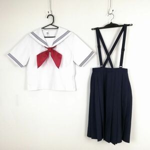 1円 セーラー服 スカート スカーフ 上下3点セット 170A 大きいサイズ 夏物 青3本線 女子 学生服 中学 高校 白 制服 中古 ランクC NA0673