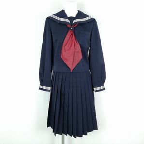 1円 セーラー服 スカート スカーフ 上下3点セット カンコー 冬物 白3本線 女子 学生服 中学 高校 紺 制服 中古 ランクC NA0437の画像1