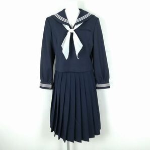 1円 セーラー服 スカート 上下2点セット オリーブデオリーブ 冬物 白3本線 女子 学生服 中学 高校 紺 制服 中古 ランクB NA0533の画像1