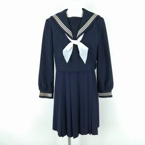 1円 セーラー服 ジャンパースカート スカーフ 上下3点セット 冬物 白3本線 女子 学生服 中学 高校 紺 制服 中古 ランクC NA0451の画像1