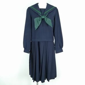 1円 セーラー服 ジャンパースカート スカーフ 上下3点セット 大きいサイズ カンコー 冬物 緑1本線 女子 中学 高校 紺 中古 ランクC NA0630の画像1