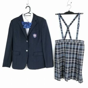 1円 ブレザー チェックスカート リボン 上下4点セット L トンボ 冬物 女子 学生服 中学 高校 紺 制服 中古 ランクC NA0909の画像1