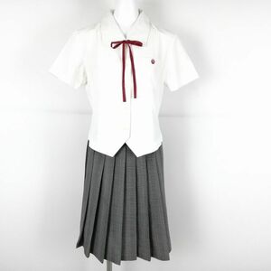 1円 ブラウス チェックスカート 紐タイ 上下3点セット S トンボ 夏物 女子 学生服 兵庫琴丘高校 白 制服 中古 ランクC NA0975