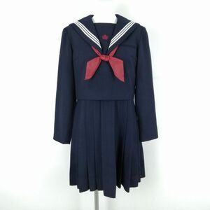 1円 セーラー服 ジャンパースカート スカーフ 上下3点セット 冬物 白3本線 女子 学生服 熊本玉名高校 紺 制服 中古 ランクC NA0452