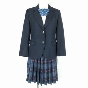 1円 ブレザー チェックスカート リボン 上下4点セット 155A カンコー 冬物 女子 学生服 中学 高校 紺 制服 中古 ランクC NA0984