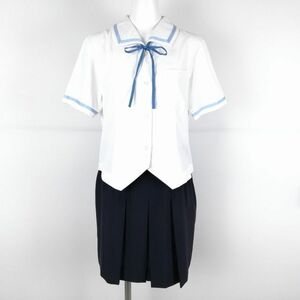 1円 ブラウス ミニスカート 紐タイ 上下3点セット M トンボ 夏物 水色1本線 女子 学生服 兵庫姫路商業高校 白 制服 中古 ランクC NA0974