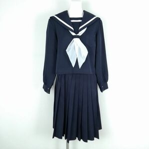 1円 セーラー服 スカート スカーフ 上下3点セット 大きいサイズ 冬物 白1本線 女子 学生服 中学 高校 紺 制服 中古 ランクC NA0522の画像1