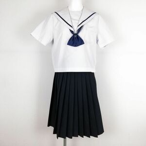 1円 セーラー服 スカート リボン 上下3点セット M 夏物 青1本線 女子 学生服 香川香東中学校 白 制服 中古 ランクC NA0652