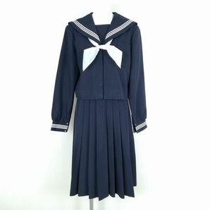 1円 セーラー服 スカート スカーフ 上下3点セット 大きいサイズ 冬物 白3本線 女子 学生服 静岡浅羽中学 紺 制服 中古 ランクC NA1025の画像1