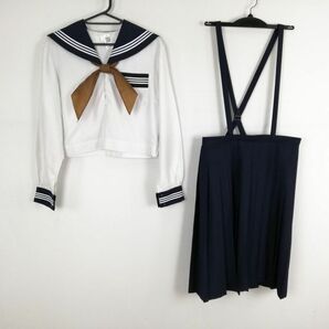 1円 セーラー服 スカート スカーフ 上下3点セット 中間服 白3本線 女子 学生服 中学 高校 白 制服 中古 ランクC NA0541の画像1