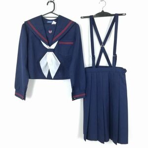 1円 セーラー服 スカート スカーフ 上下3点セット 冬物 赤3本線 女子 学生服 兵庫高司中学 紺 制服 中古 ランクC NA0913