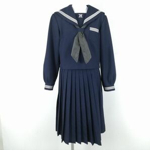 1円 セーラー服 スカート スカーフ 上下3点セット カンコー 冬物 白3本線 女子 学生服 兵庫姫路広畑中学 紺 制服 中古 ランクC NA0740の画像1