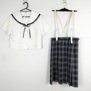 1円 セーラー服 チェックスカート 紐タイ 上下3点セット 指定 夏物 柄1本線 女子 学生服 中学 高校 白 制服 中古 ランクC NA1095の画像1