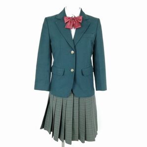 1円 ブレザー チェックスカート リボン 上下4点セット トンボ 冬物 女子 学生服 中学 高校 緑 制服 中古 ランクB NA1331の画像1