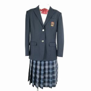 1円 ブレザー チェックスカート リボン 上下4点セット 大きいサイズ トンボ 冬物 女子 学生服 大阪和泉中学 紺 制服 中古 ランクB NA1702