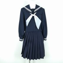 1円 セーラー服 スカート スカーフ 上下3点セット 155A 冬物 白2本線 女子 学生服 中学 紺 中古 ランクC NA0475_画像1