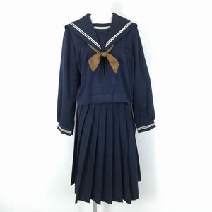 1円 セーラー服 スカート スカーフ 上下3点セット 大きいサイズ 冬物 白2本線 女子 学生服 福岡瀬高中学 紺 制服 中古 ランクC NA1088