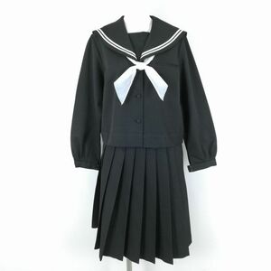 1円 セーラー服 スカート スカーフ 上下3点セット L 大きいサイズ 冬物 白2本線 女子 学生服 中学 高校 黒 制服 中古 ランクC NA1063