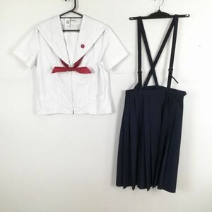 1円 セーラー服 スカート スカーフ 上下3点セット 160A 大きいサイズ トンボ 夏物 白1本線 女子 長崎大村高校 白 中古 ランクC EY3085