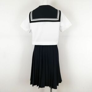 1円 セーラー服 スカート スカーフ 上下3点セット 155A ELLE 夏物 白2本線 女子 学生服 中学 高校 白 制服 中古 ランクB NA0367の画像2