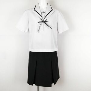 1円 セーラー服 スカート 紐タイ 上下3点セット M 大きいサイズ 夏物 黒1本線 女子 学生服 岡山朝日高校 白 制服 中古 ランクC NA0363