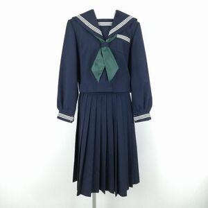 1円 セーラー服 スカート スカーフ 上下3点セット 165A トンボ 冬物 白3本線 女子 学生服 中学 高校 紺 制服 中古 ランクC NA0741