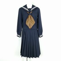 1円 セーラー服 スカート スカーフ 上下3点セット 冬物 白3本線 女子 学生服 中学 高校 紺 制服 中古 ランクC NA0860_画像1