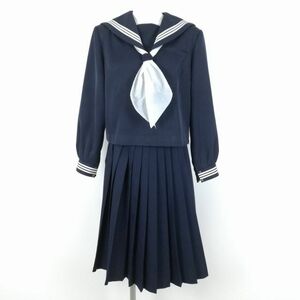 1円 セーラー服 スカート スカーフ 上下3点セット トンボ 冬物 白3本線 女子 学生服 中学 高校 紺 制服 中古 ランクC NA0687