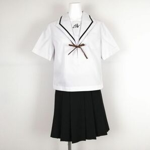 1円 セーラー服 ミニスカート 紐タイ 上下3点セット M 大きいサイズ 夏物 黒1本線 女子 学生服 中学 高校 白 制服 中古 ランクC NA0627の画像1