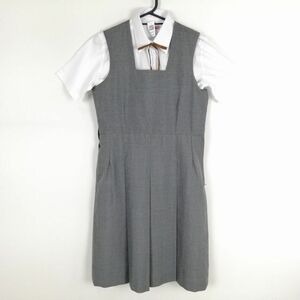 1円 ジャンパースカート 紐タイ 155 バスト90 ウエスト78 夏物 女子 学生服 中学 高校 グレー 制服 中古 ランクB NA0839