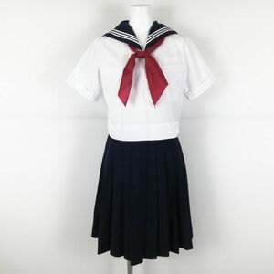 1円 セーラー服 スカート スカーフ 上下3点セット パリス 夏物 白3本線 女子 学生服 中学 高校 白 制服 中古 ランクC NA1058