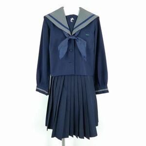 1円 セーラー服 スカート スカーフ 上下3点セット M 冬物 青1本線 女子 学生服 沖縄南星中学 紺 制服 中古 ランクC NA1292