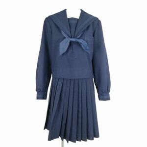 1円 セーラー服 スカート スカーフ 上下3点セット 大きいサイズ 冬物 青3本線 女子 学生服 中学 高校 紺 制服 中古 ランクC NA1228