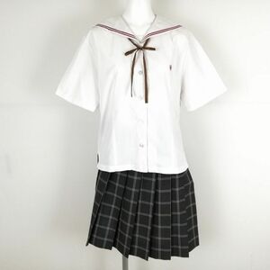 1円 セーラー服 チェックスカート 紐タイ 上下3点セット 大きいサイズ カンコー 夏物 赤2本線 女子 中学 高校 白 中古 ランクC NA0748